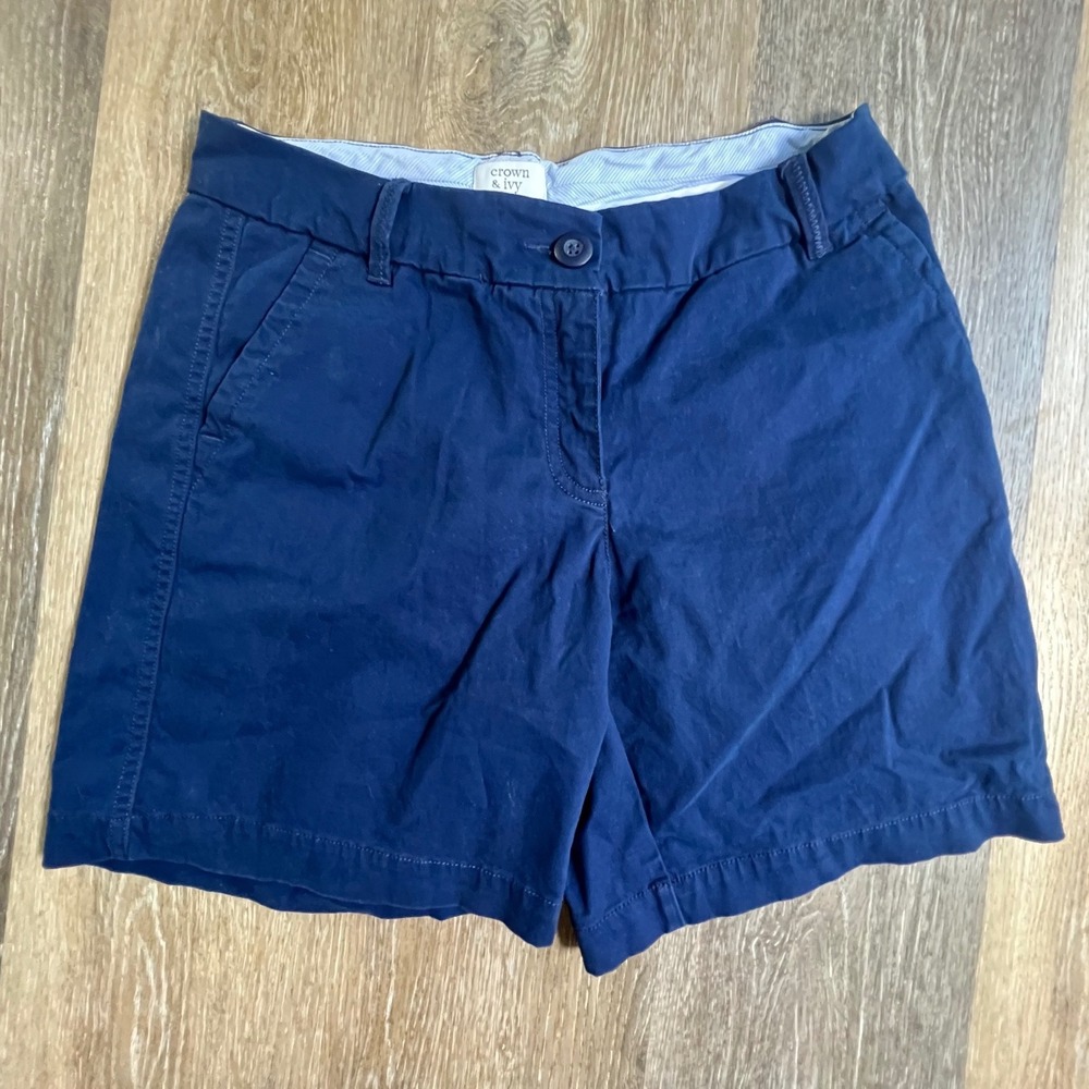 Crown & Ivy Caroline Shorts Womens 4 Navy Blue Chino Cotton Preppy Classic